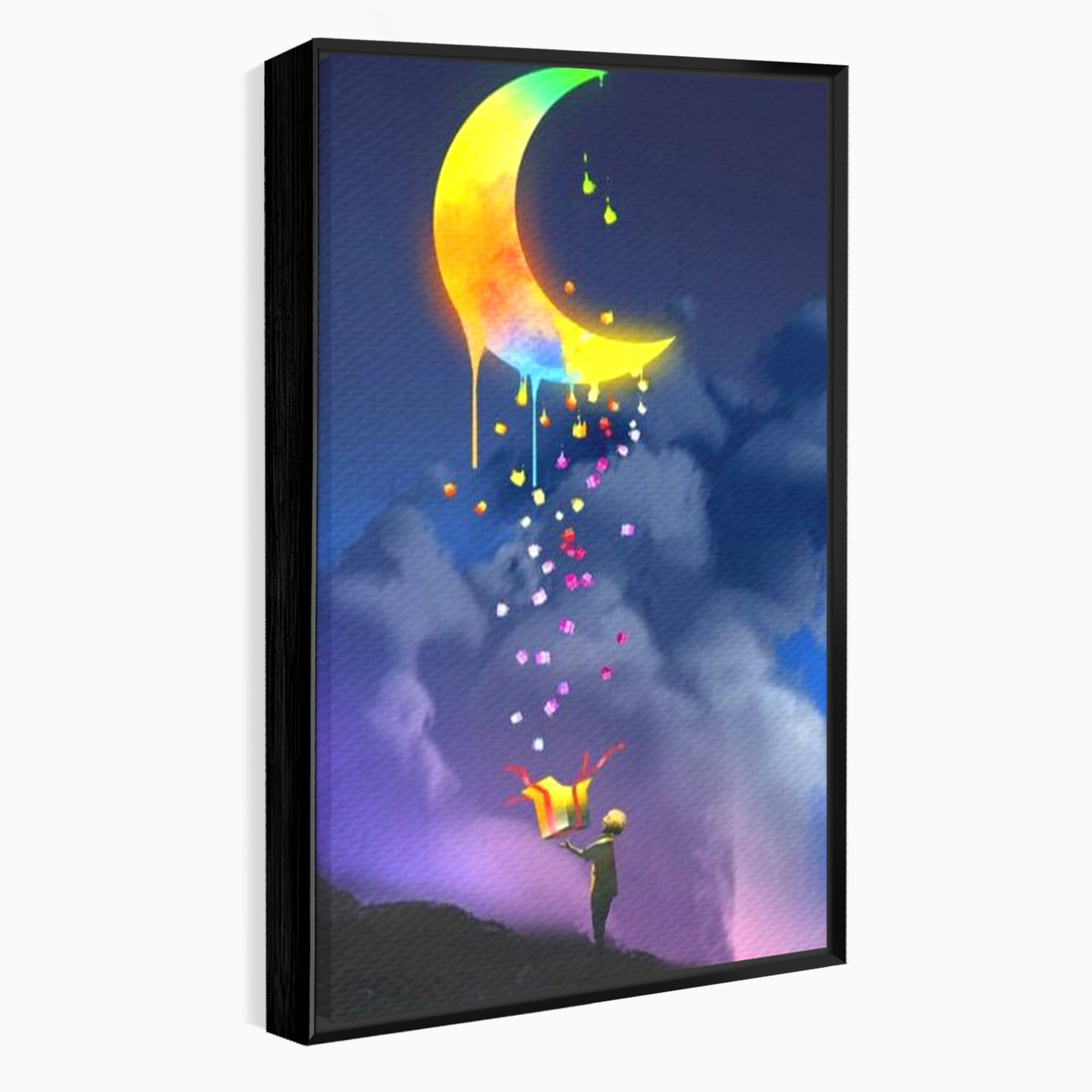Tablou canvas cu ilustratie cu copil si luna curcubeu, in rama de aluminiu negru